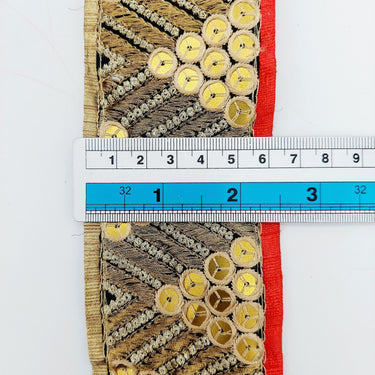 Indian Sari Trim, Black Art Silk Fabric With Gold Embroidery And Red Piping, Gold Sequins